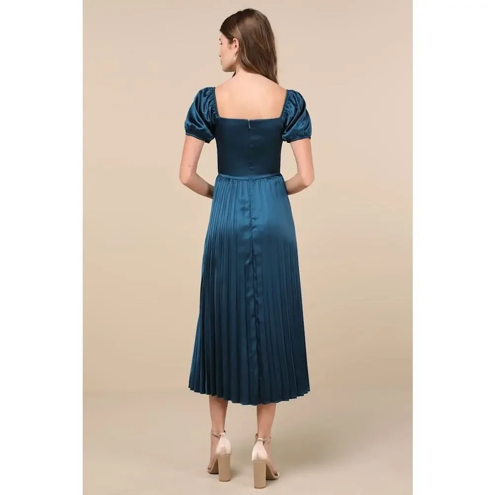 NWT Lulus Flawless Forever Teal Satin Pleated Midi Dress Bridesmaid Gala Size M